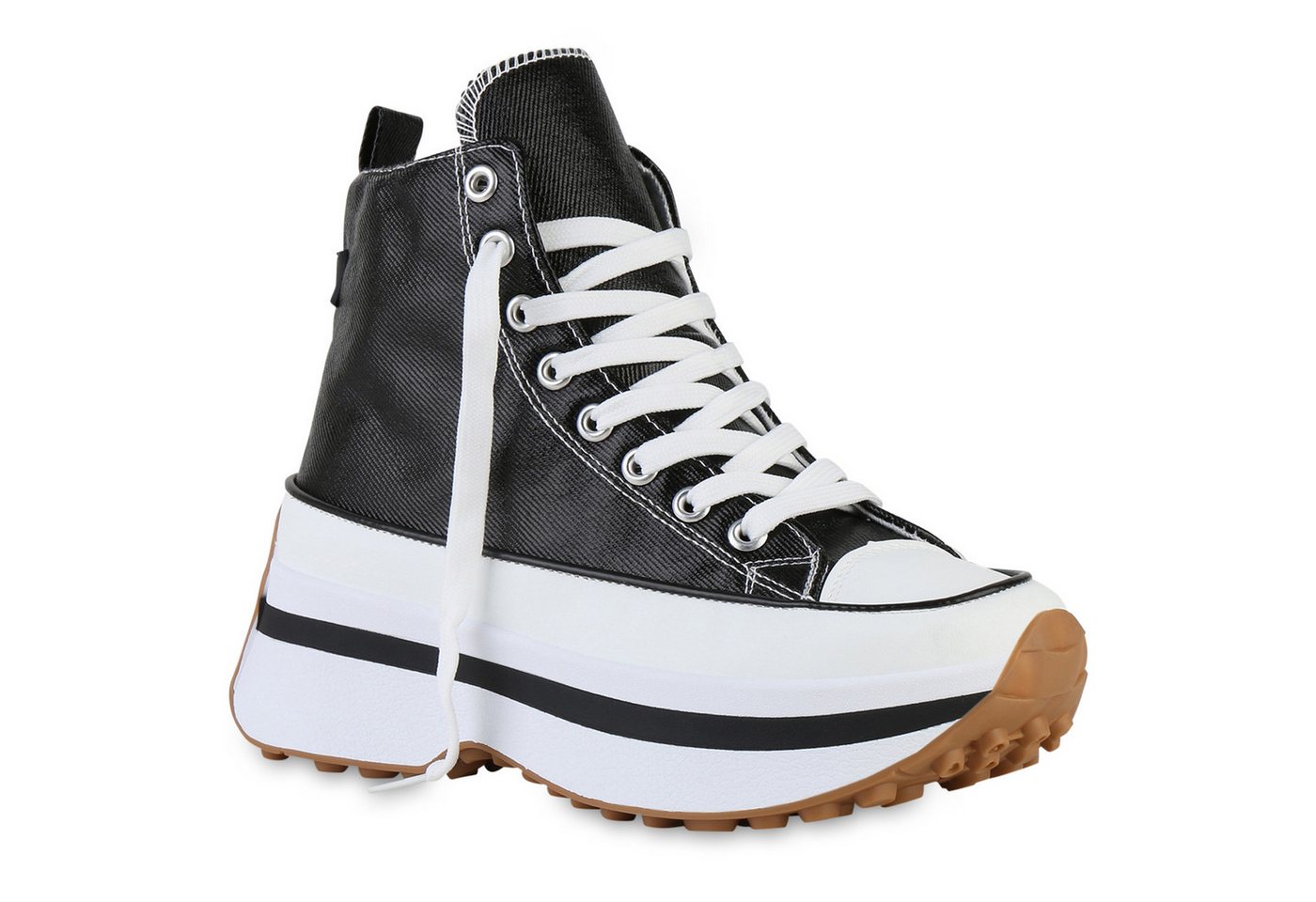 VAN HILL 841393 Plateausneaker Damen Plateau Sneaker Schnürer Profil-Sohle Freizeit Plateau-Schuh (schwarz)