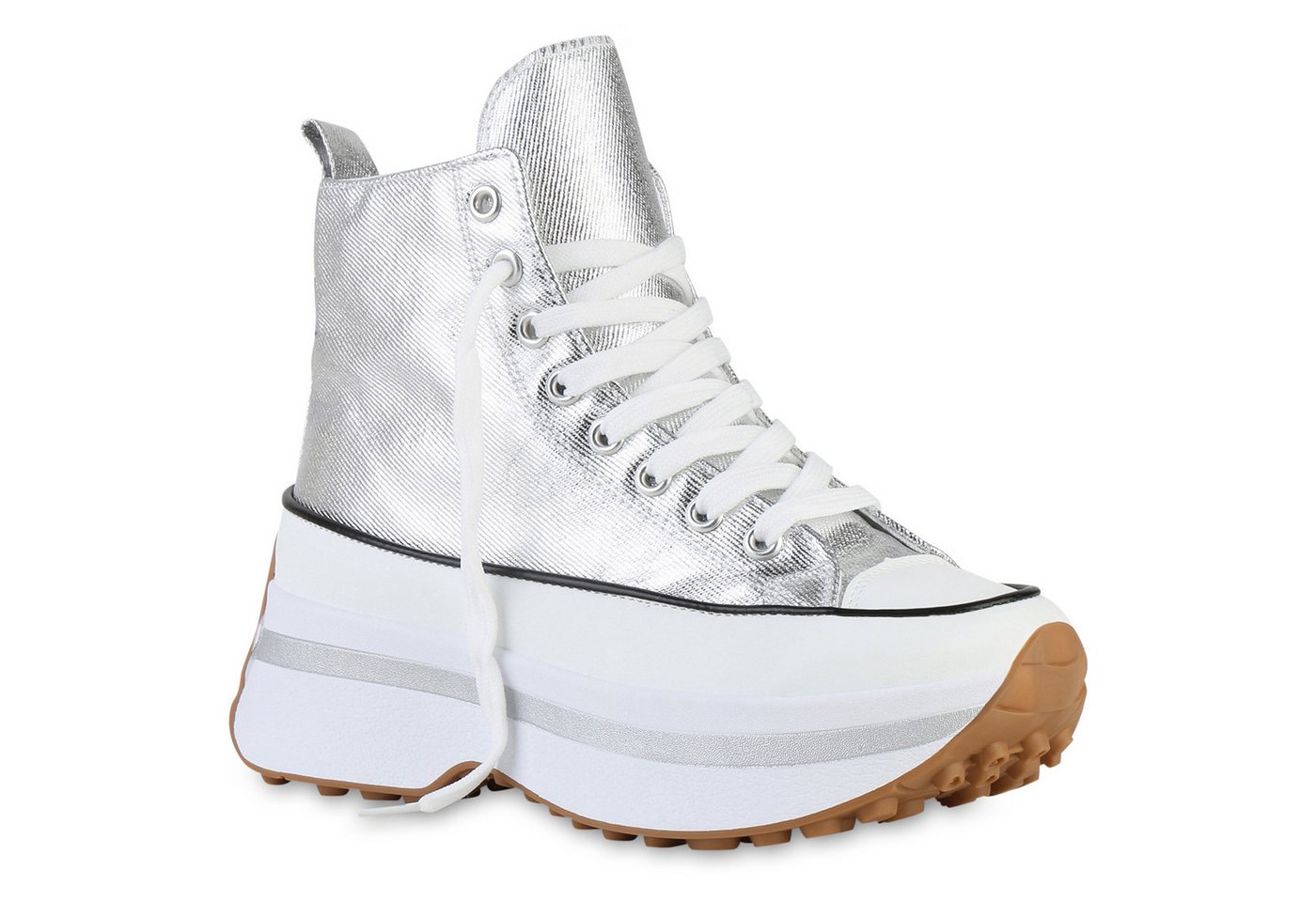 VAN HILL 841393 Plateausneaker Damen Plateau Sneaker Schnürer Profil-Sohle Freizeit Plateau-Schuh (silber)
