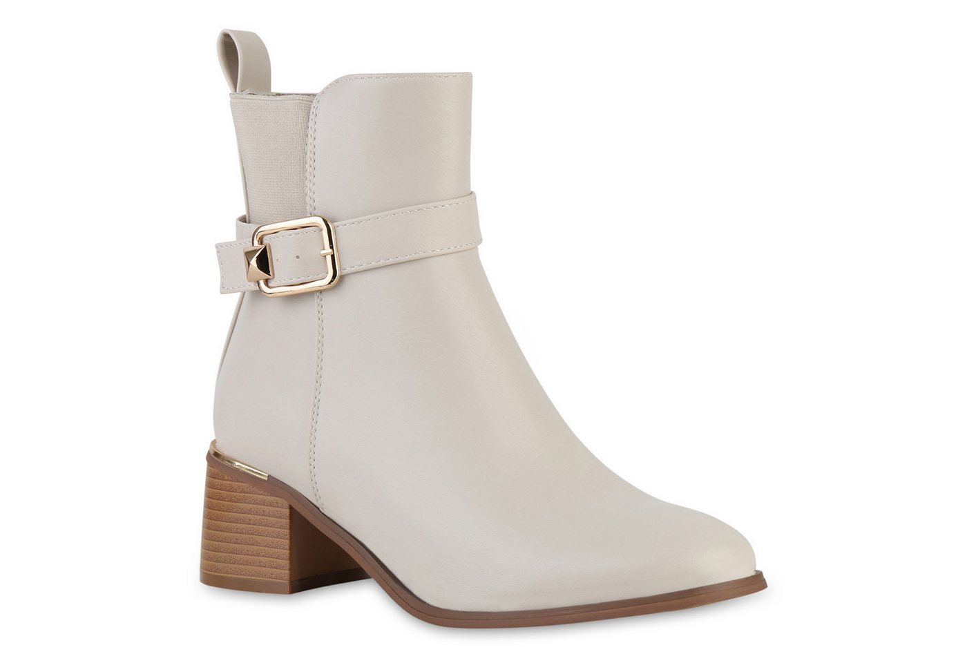 VAN HILL 841394 Bikerboots Damen Biker Boots Stiefeletten Schnallen Holzoptikabsatz