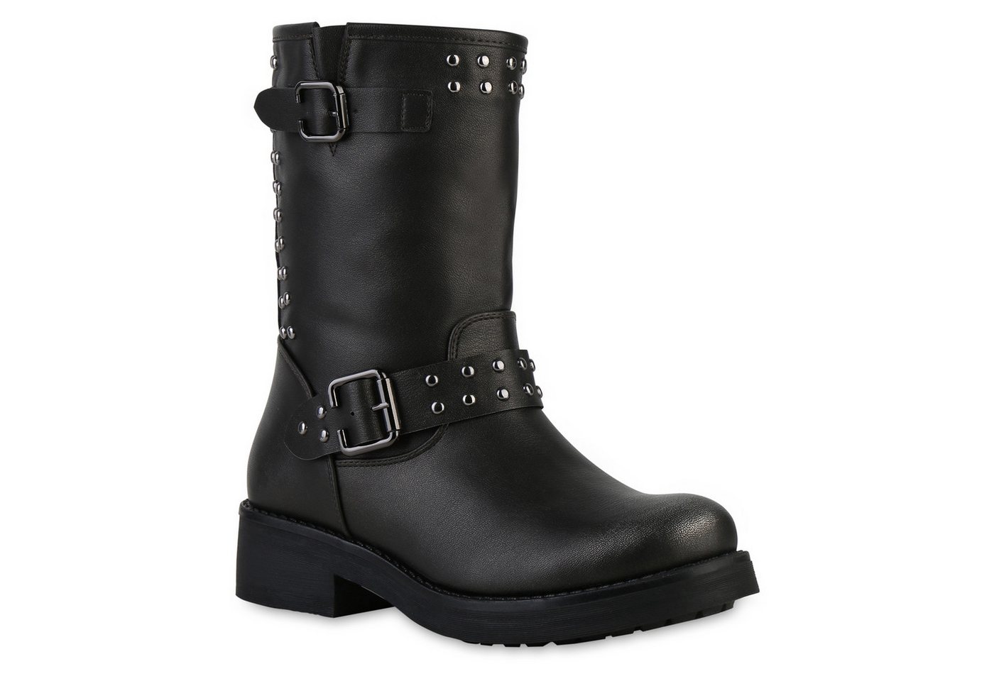VAN HILL 841447 Stiefel Damen Leicht Gefüttert Bikerstiefel Stiefel Nieten Schnalle