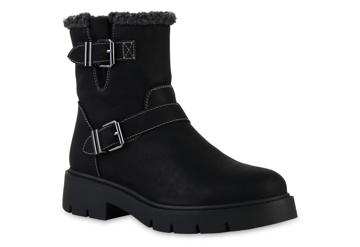 VAN HILL 841448 Bikerboots Damen Leicht Gefütterte Biker Boots Kunstfell Schnallen