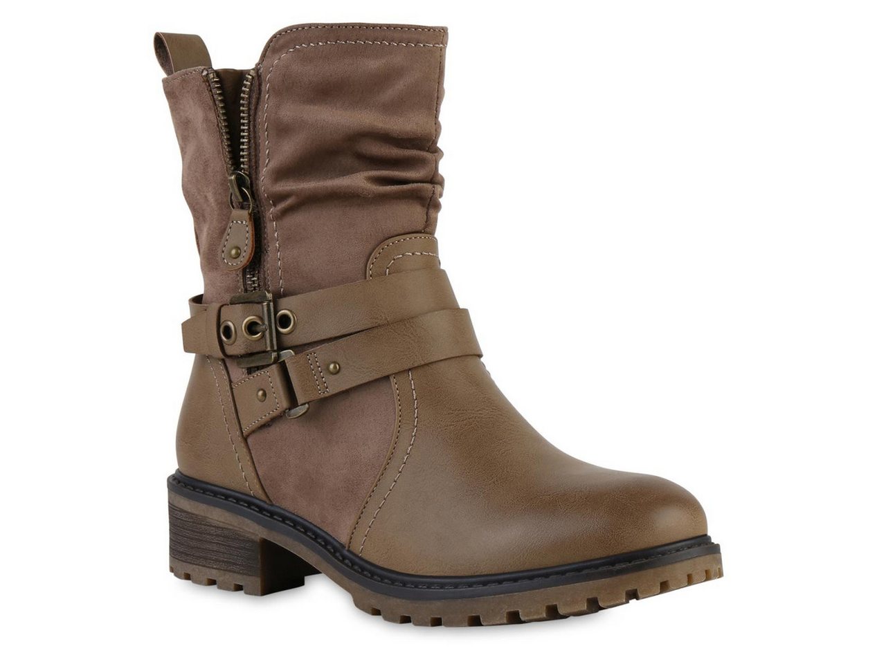 VAN HILL 841452 Bikerboots Damen Leicht Gefütterte Biker Boots Stiefeletten Schnallen