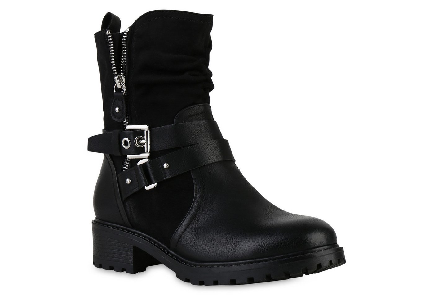 VAN HILL 841452 Bikerboots Damen Leicht Gefütterte Biker Boots Stiefeletten Schnallen