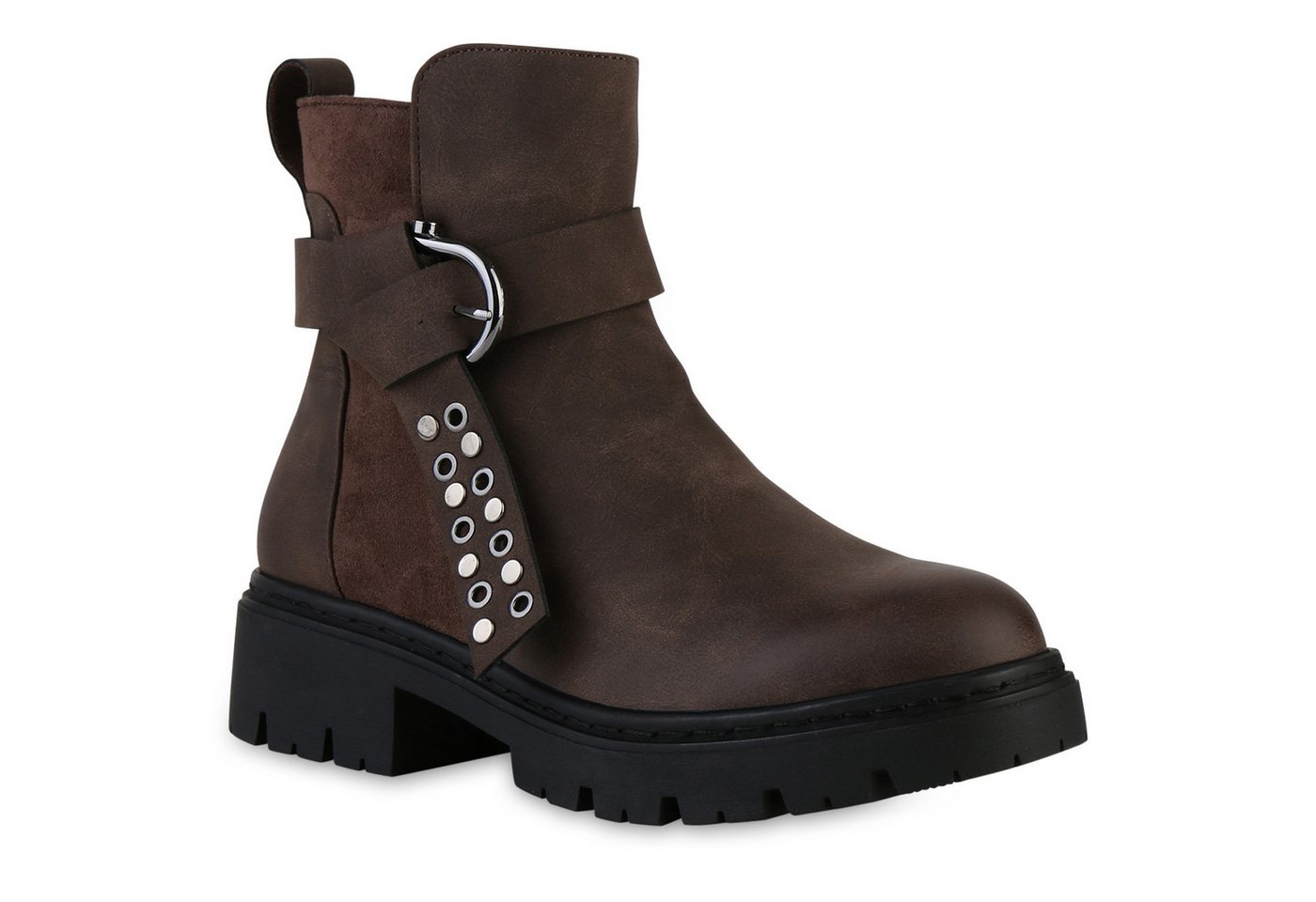 VAN HILL 841474 Bikerboots Damen Biker Boots Stiefeletten Schnallen Ösen Nieten