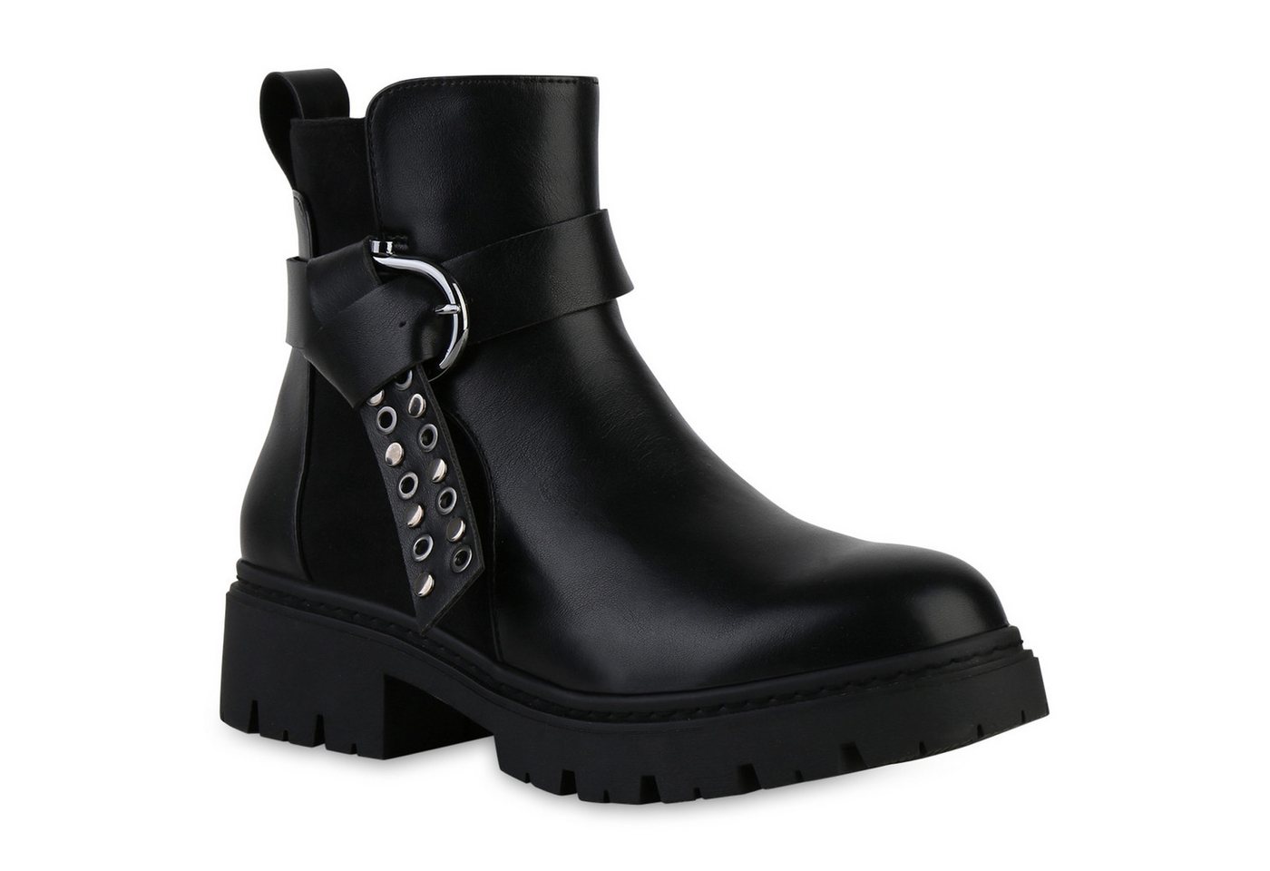 VAN HILL 841474 Bikerboots Damen Biker Boots Stiefeletten Schnallen Ösen Nieten