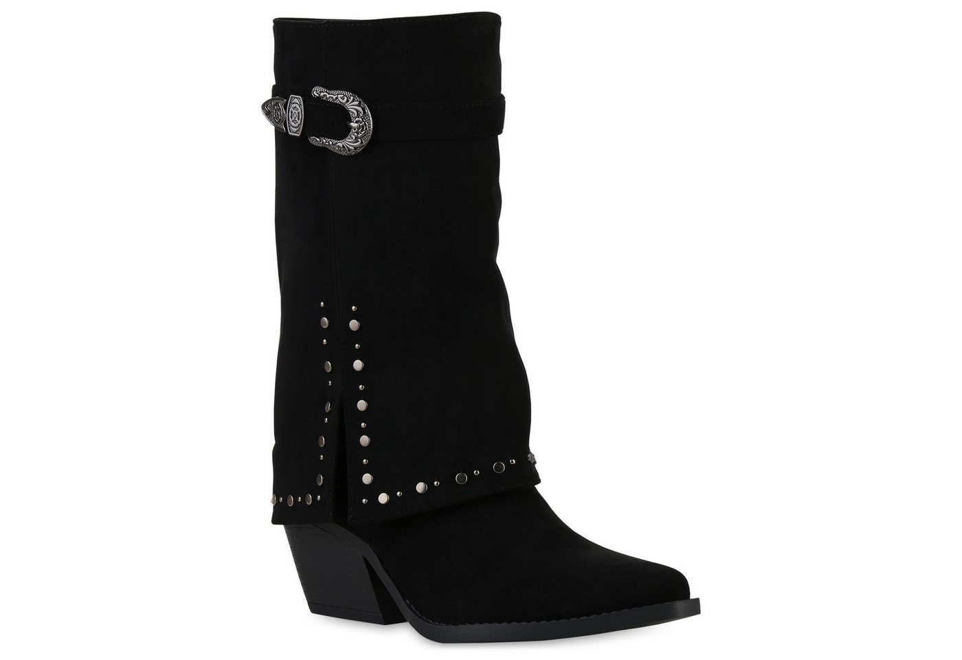 VAN HILL 841523 Cowboystiefel Damen Cowboystiefel Stiefel Spitze Nieten Holzoptikabsatz