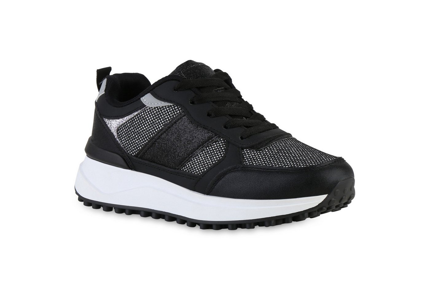 VAN HILL 841560 Plateausneaker Damen Plateau Sneaker Schnürer Glitzer Profil-Sohle Freizeit Schuh