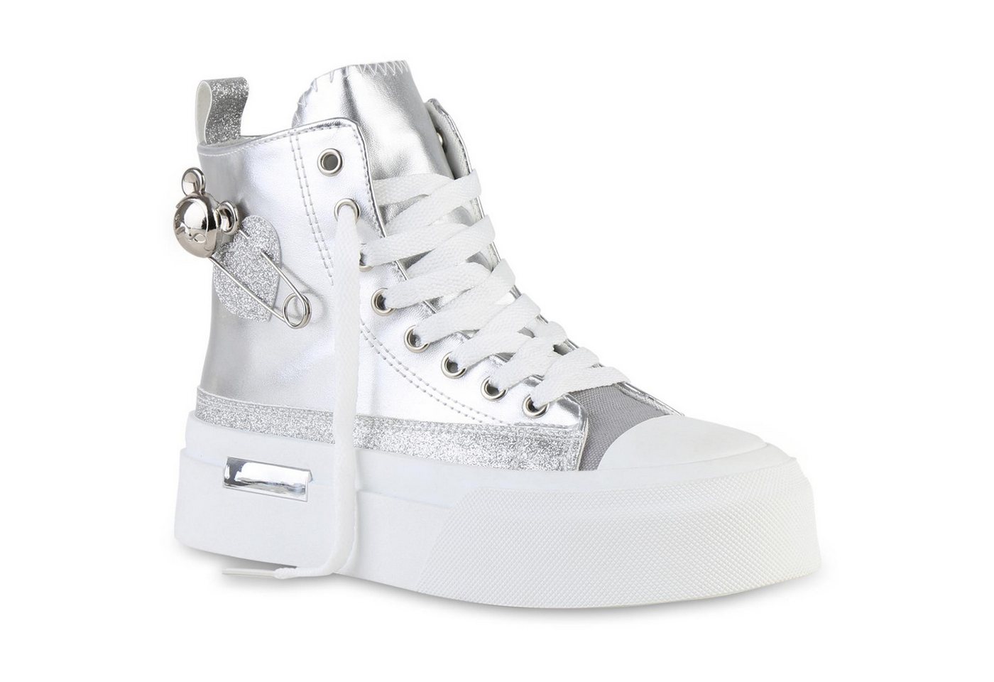 VAN HILL 841578 Sneaker Damen Sneaker High Schnürer Glitzer Keilabsatz Freizeit