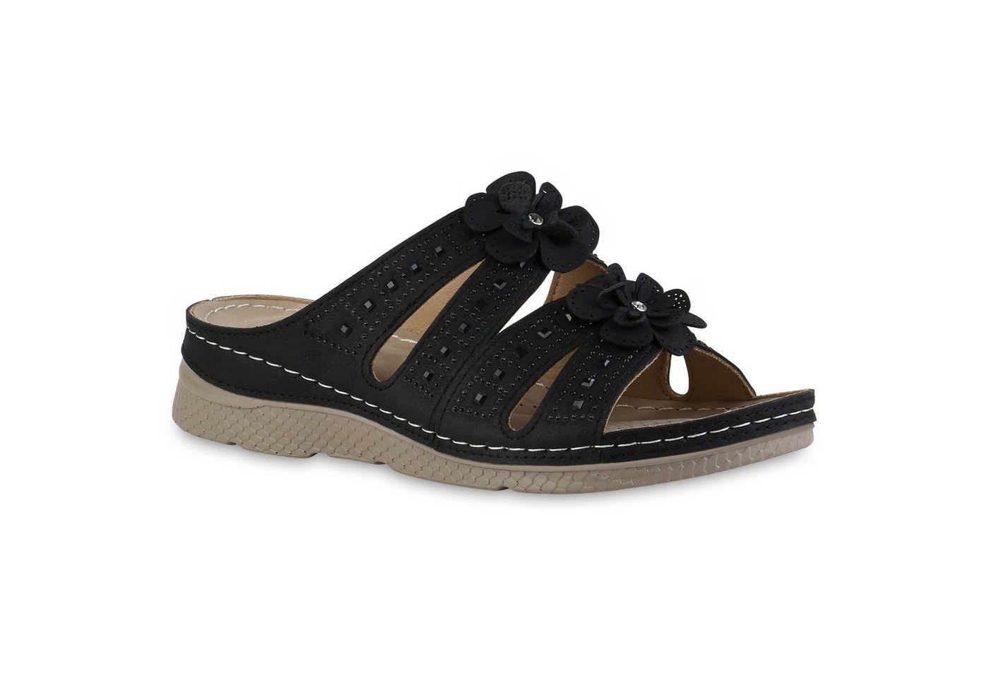 VAN HILL 841606 Sandale Damen Komfort Sandalen Bequeme Blumen Strass Cut-Outs