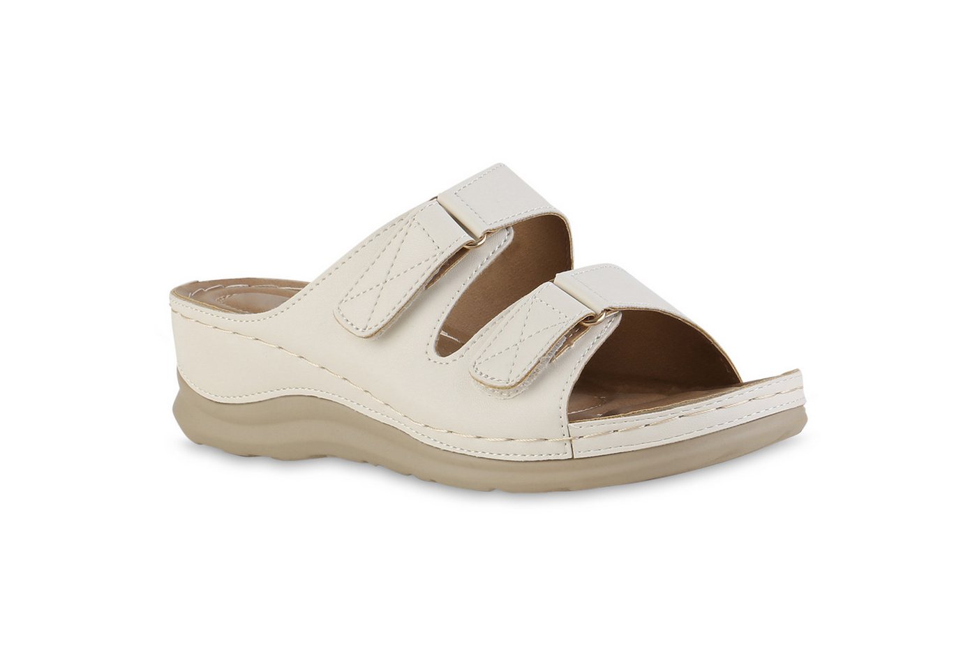 VAN HILL 841615 Sandale Damen Komfort Sandalen Bequeme Keilabsatz Basic Leder-Optik (beige)
