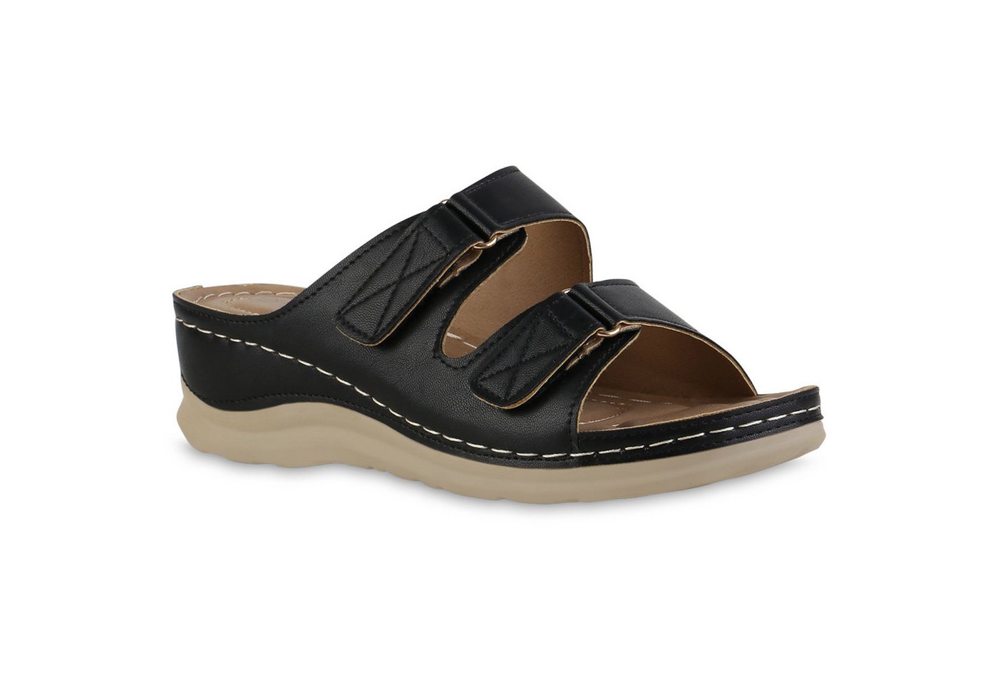 VAN HILL 841615 Sandale Damen Komfort Sandalen Bequeme Keilabsatz Basic Leder-Optik (schwarz)