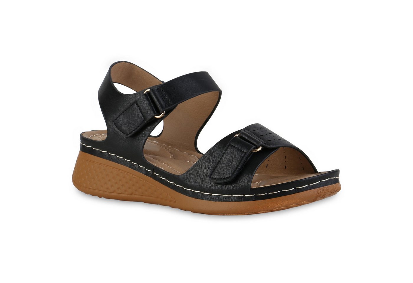 VAN HILL 841627 Sandale Damen Komfort Sandalen Bequem Cut-outs Freizeit Leder-Optik (schwarz)