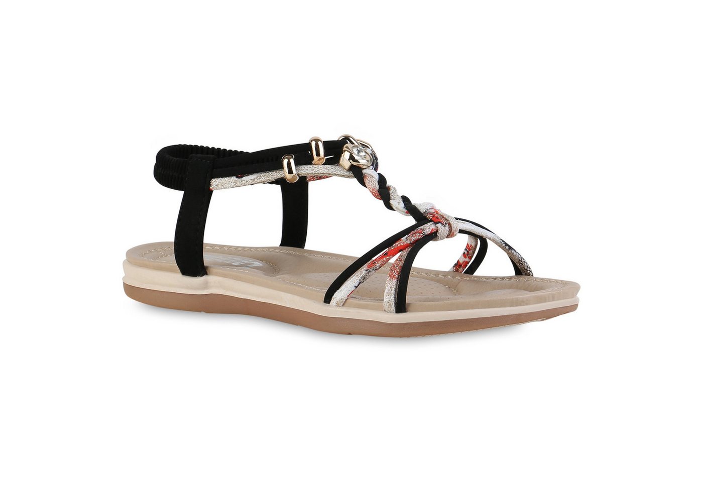 VAN HILL 841743 Riemchensandale Damen Riemchensandalen Sandalen Zierperlen Freizeit Prints