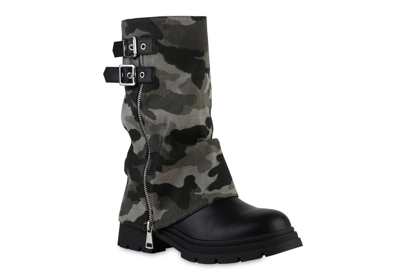 VAN HILL 841799 Stiefel Damen Leicht Gefüttert Bikerstiefel Stiefel Zipper Schnalle