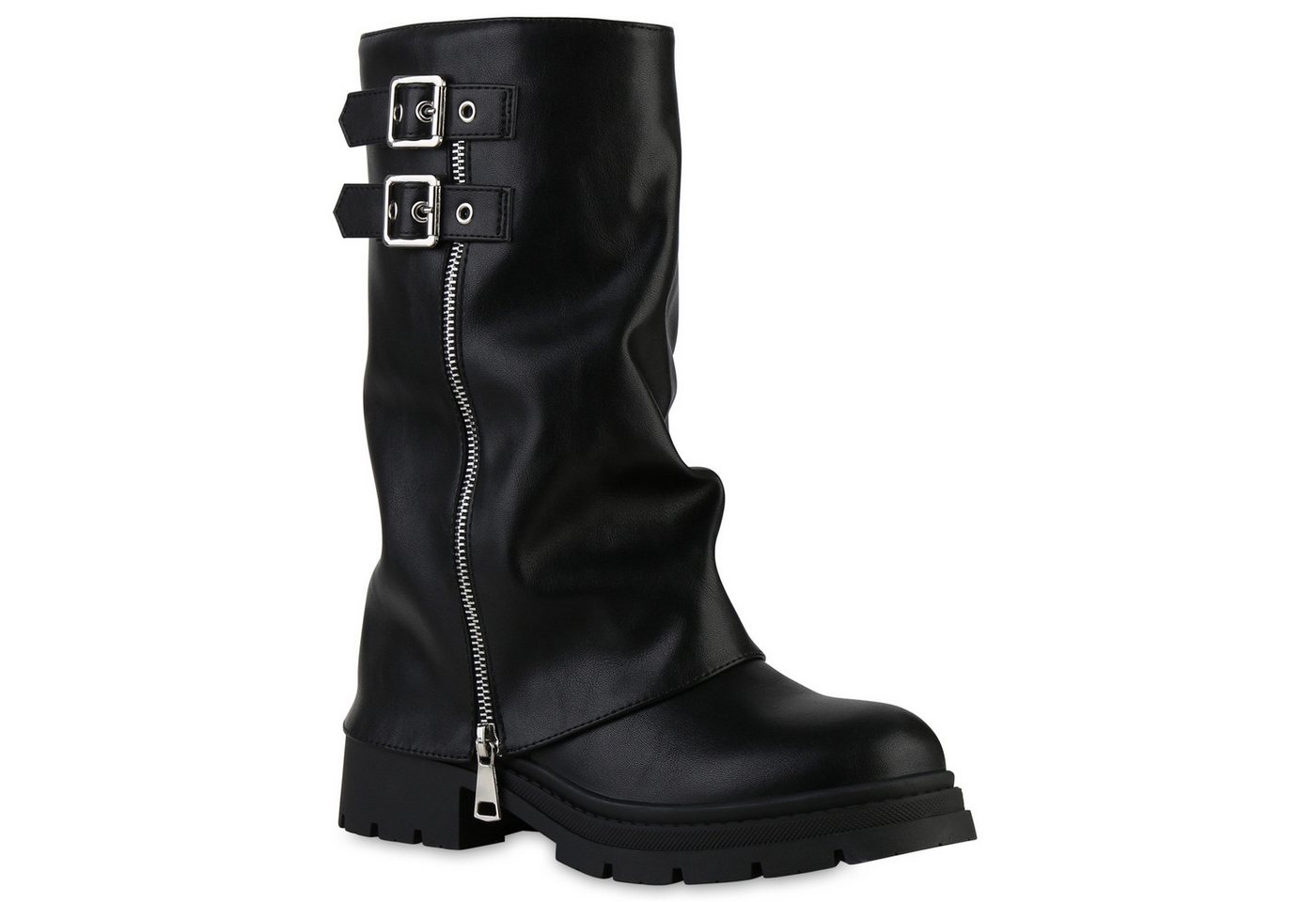 VAN HILL 841799 Stiefel Damen Leicht Gefüttert Bikerstiefel Stiefel Zipper Schnalle