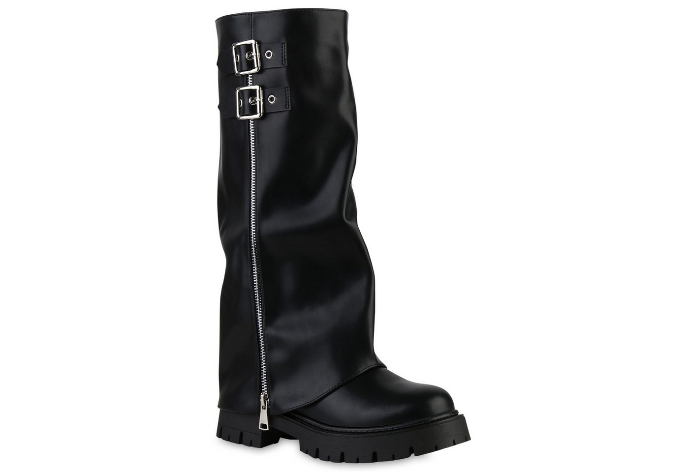 VAN HILL 841806 Stiefel Damen Bikerstiefel Stiefel Zipper Schnallen Profil-Sohle (schwarz)