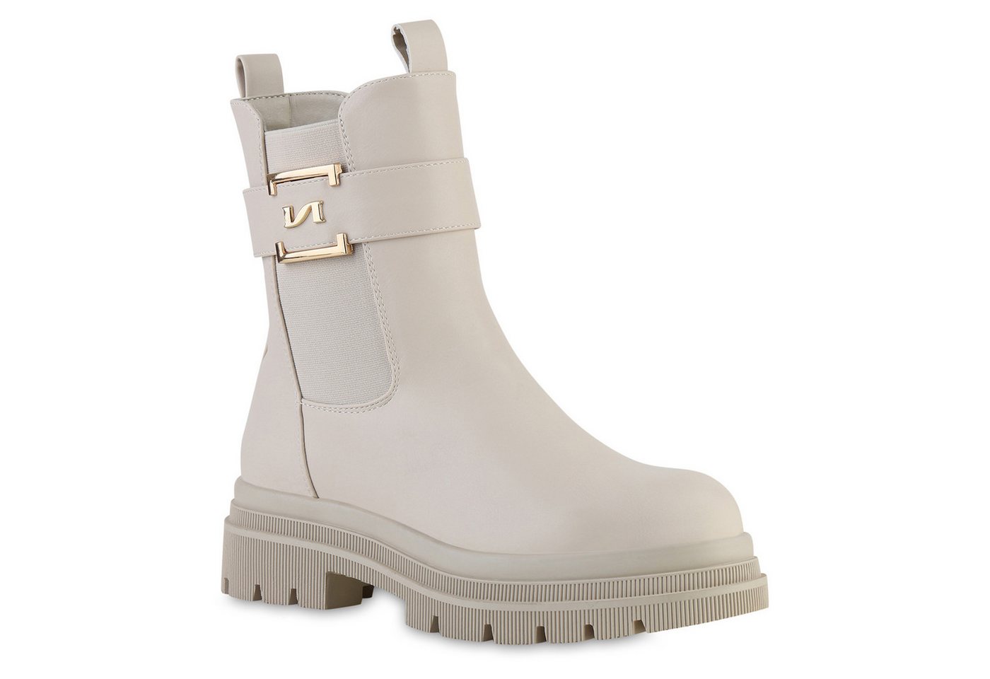 VAN HILL 841854 Plateaustiefelette Damen Plateau Boots Blockabsatz Schnallen Profil-Sohle