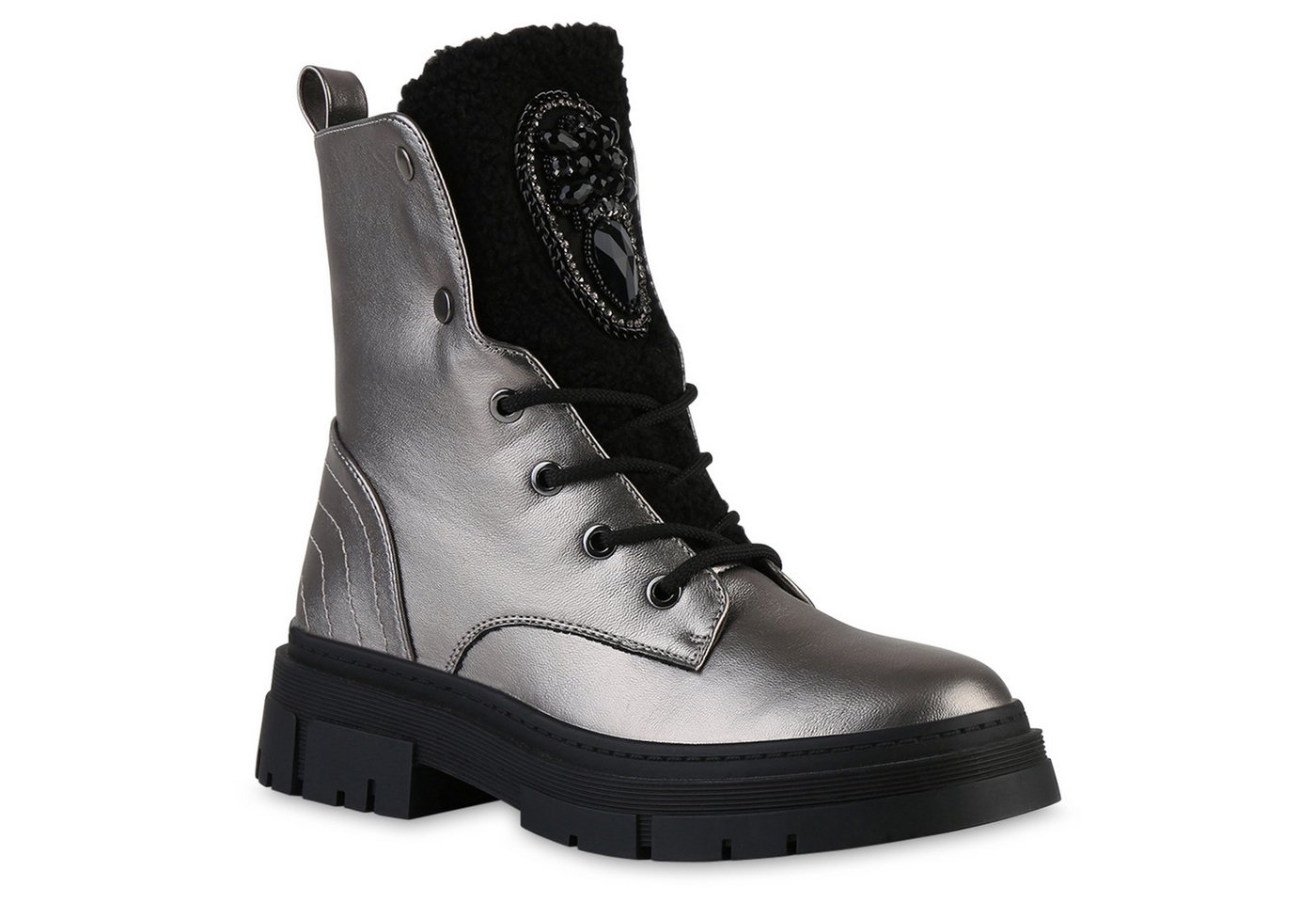 VAN HILL 841889 Schnürstiefelette Damen-Winterstiefel mit Kunstpelz und Zierperlen