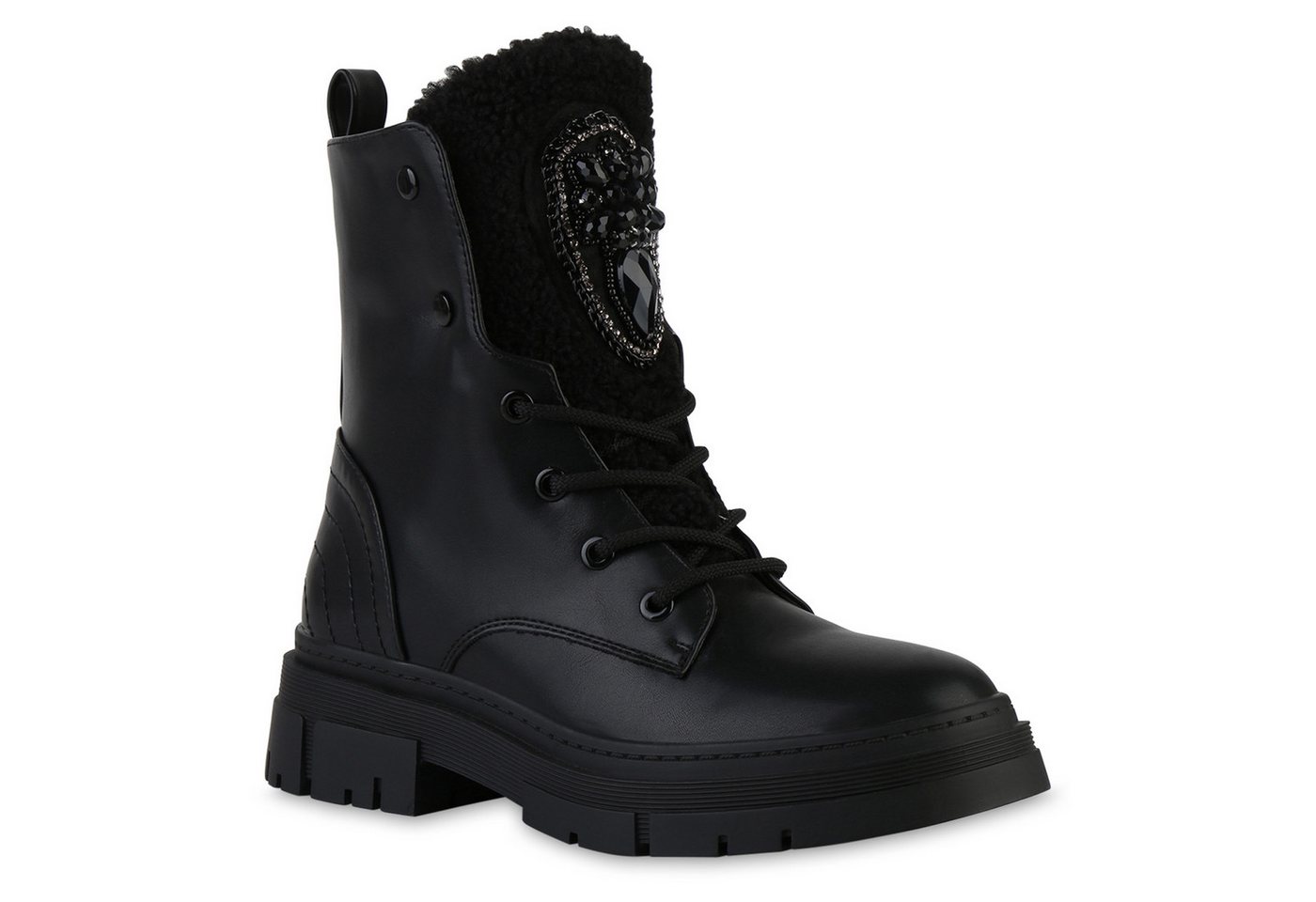 VAN HILL 841889 Schnürstiefelette Damen-Winterstiefel mit Kunstpelz und Zierperlen