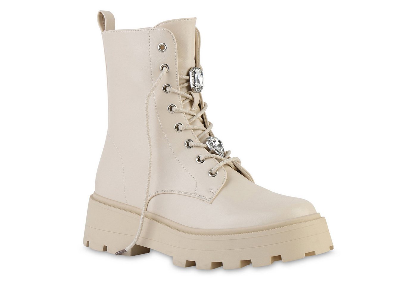 VAN HILL 841897 Schnürstiefelette Damen Schuhe mit Chunky-Sohle und Strassverzierung