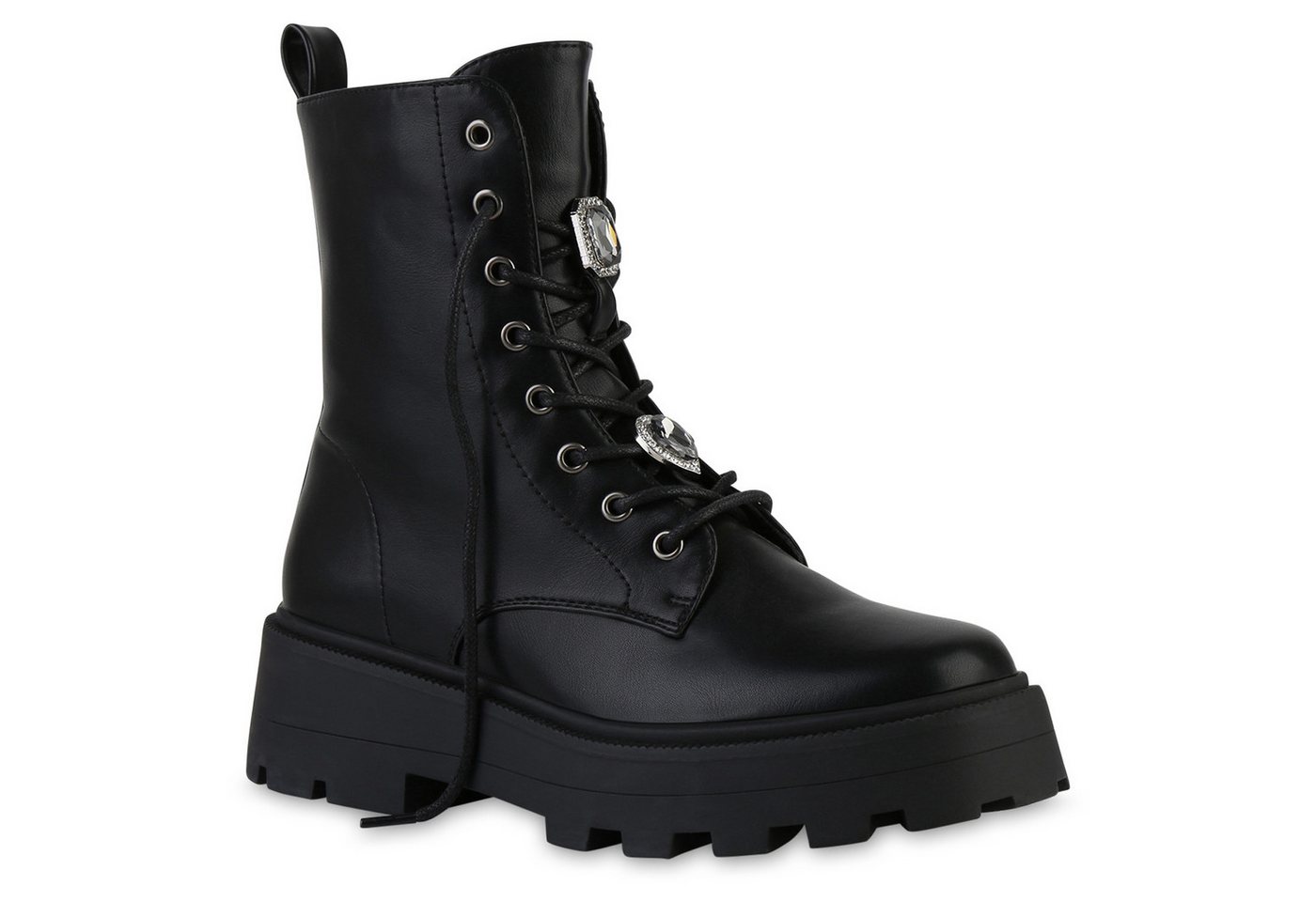 VAN HILL 841897 Schnürstiefelette Damen Schuhe mit Chunky-Sohle und Strassverzierung