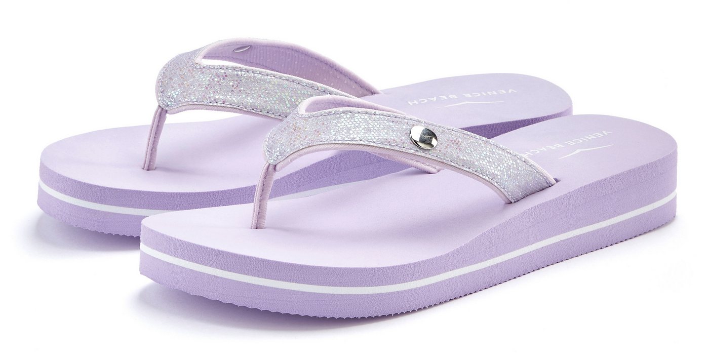 VENICE BEACH Sandale, Pantolette Badezehentrenner Zehentrenner, Badeschuh ultraleicht mit Glitzerband VEGAN (flieder)