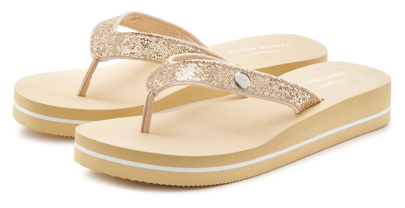 VENICE BEACH Sandale, Pantolette Badezehentrenner Zehentrenner, Badeschuh ultraleicht mit Glitzerband VEGAN (gold)