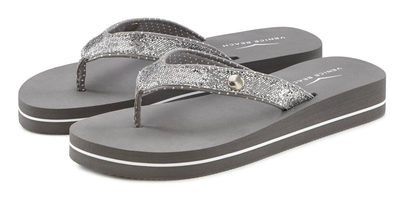 VENICE BEACH Sandale, Pantolette Badezehentrenner Zehentrenner, Badeschuh ultraleicht mit Glitzerband VEGAN (grau)