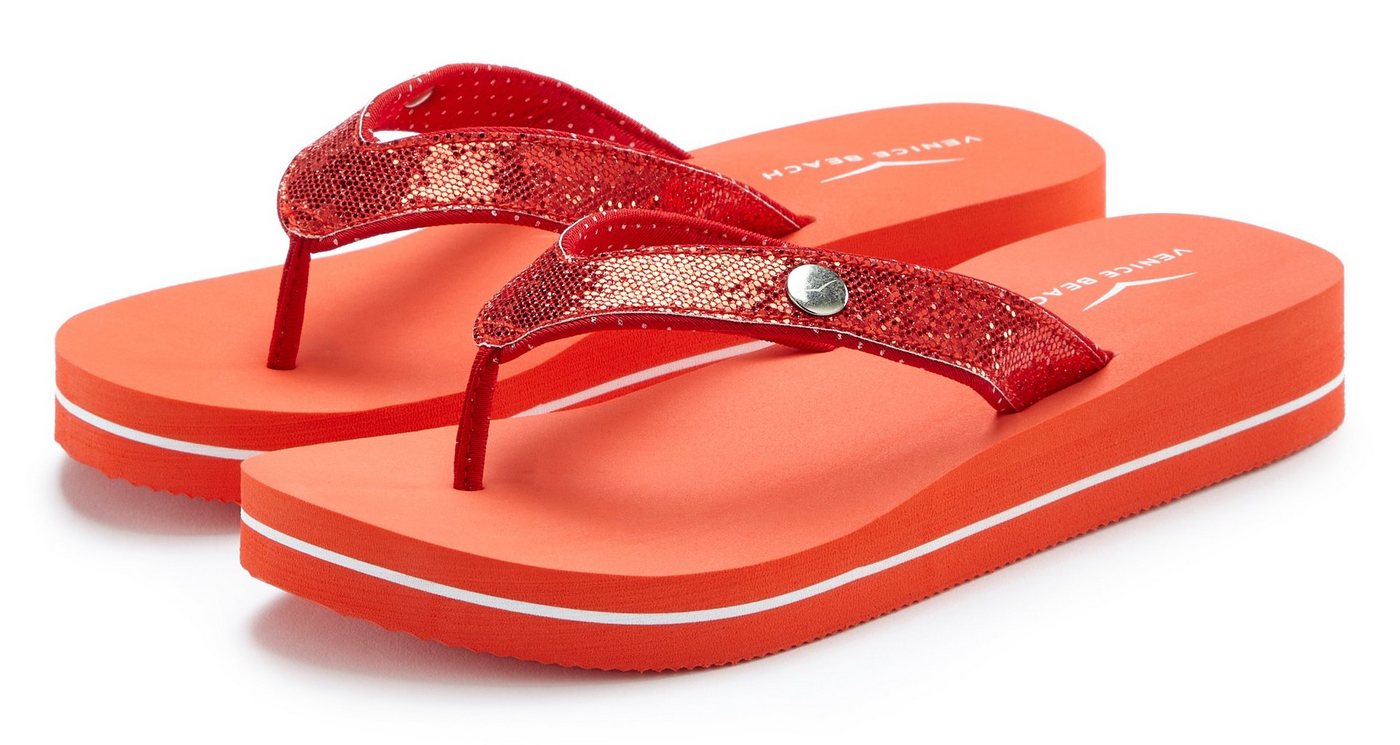 VENICE BEACH Sandale, Pantolette Badezehentrenner Zehentrenner, Badeschuh ultraleicht mit Glitzerband VEGAN (rot)
