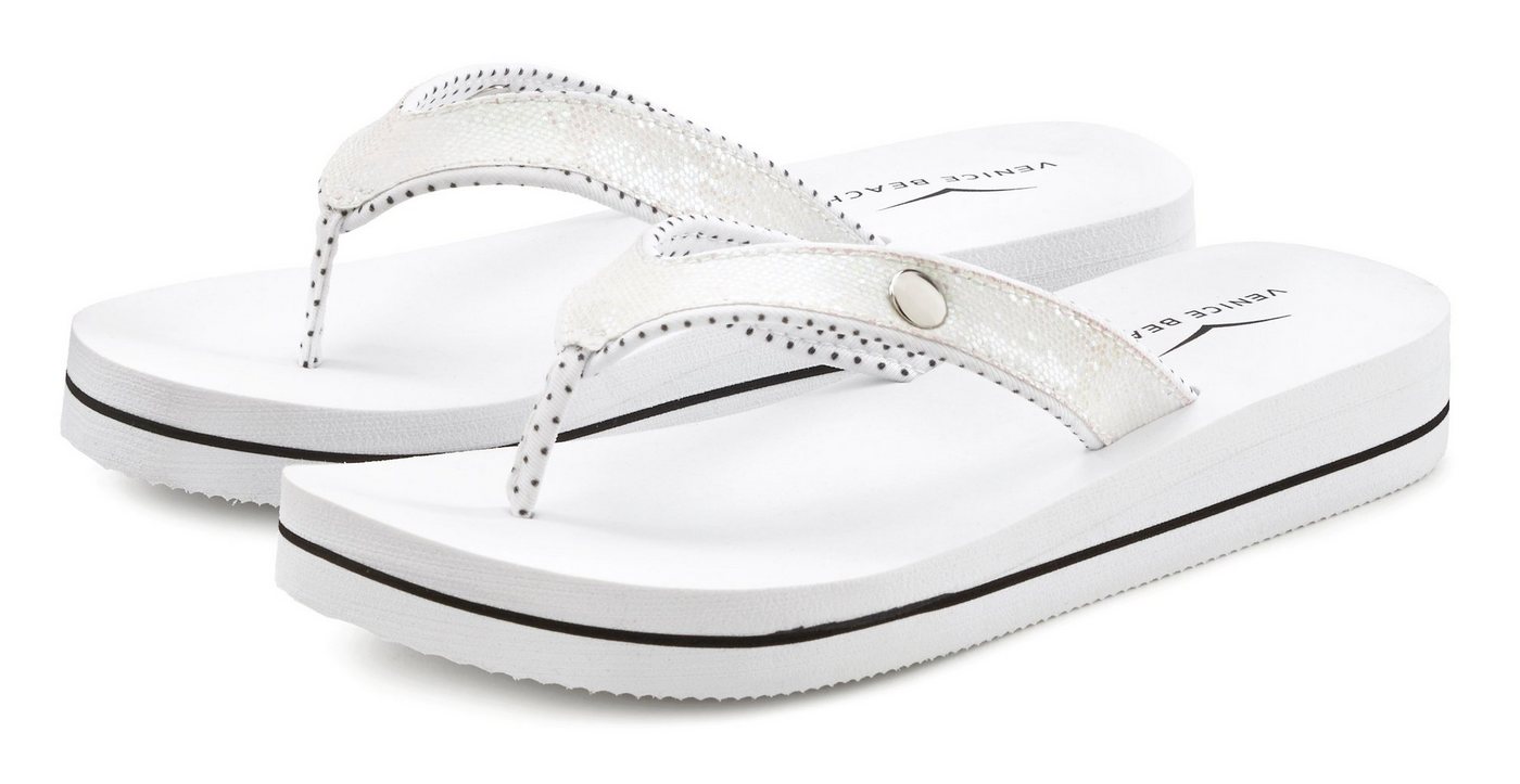 VENICE BEACH Sandale, Pantolette Badezehentrenner Zehentrenner, Badeschuh ultraleicht mit Glitzerband VEGAN (weiß)