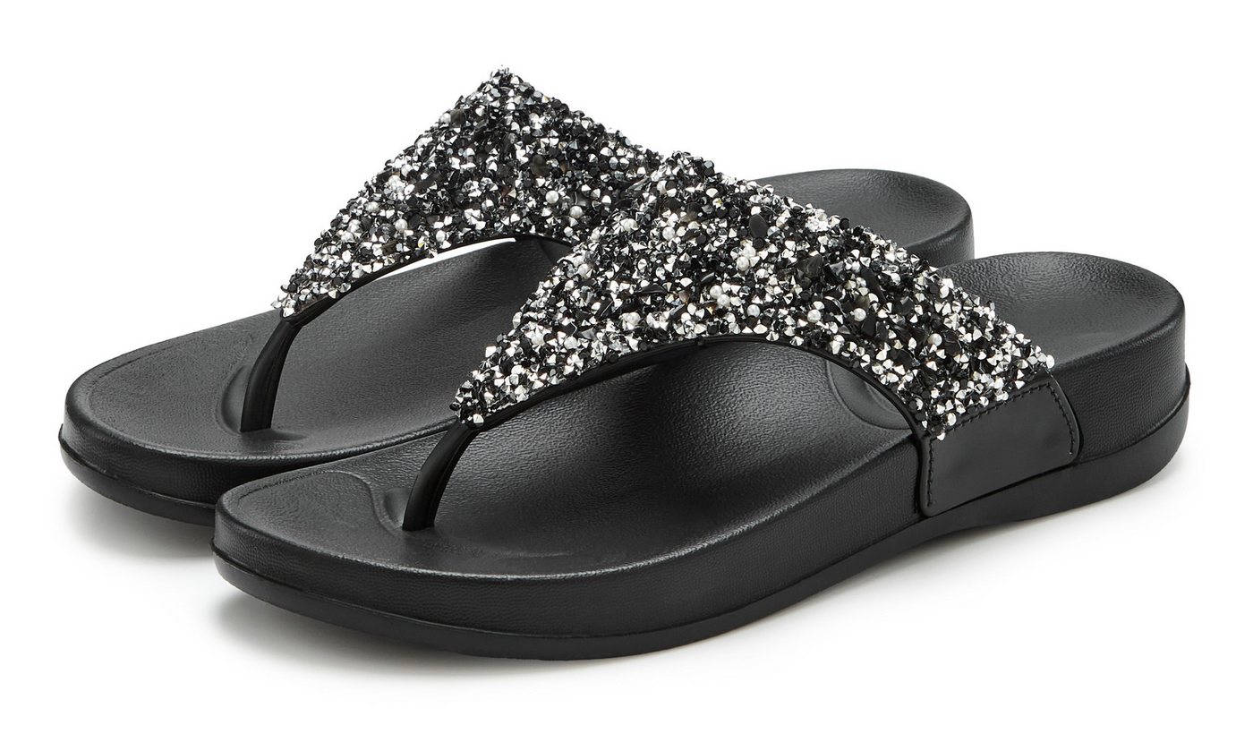 Vivance Flip Flop, Badelatsche, Badeschuhe, Pantolette, Zehentrenner, Badezehentrenner NEU Sommerschuh mit modischem Glitzerdetail VEGAN (schwarz)