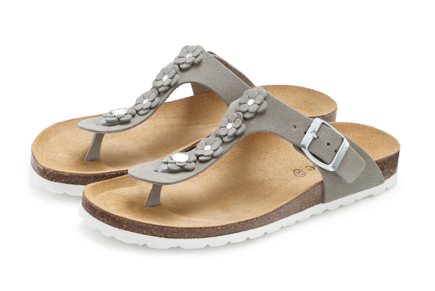 Vivance by Lascana Mule, Sandale, offener Schuh, Sommerschuh, Pantolette NEU aus Leder mit Korkfußbett und Blüten-Applikation (grau)