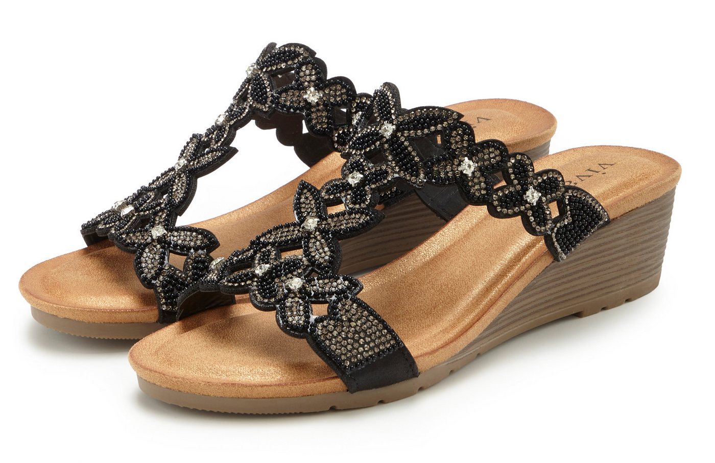 Vivance by Lascana Mule, Sommerschuh, Sandale, Pantolette mit Keilabsatz und modischen Glitzerdetails (schwarz)