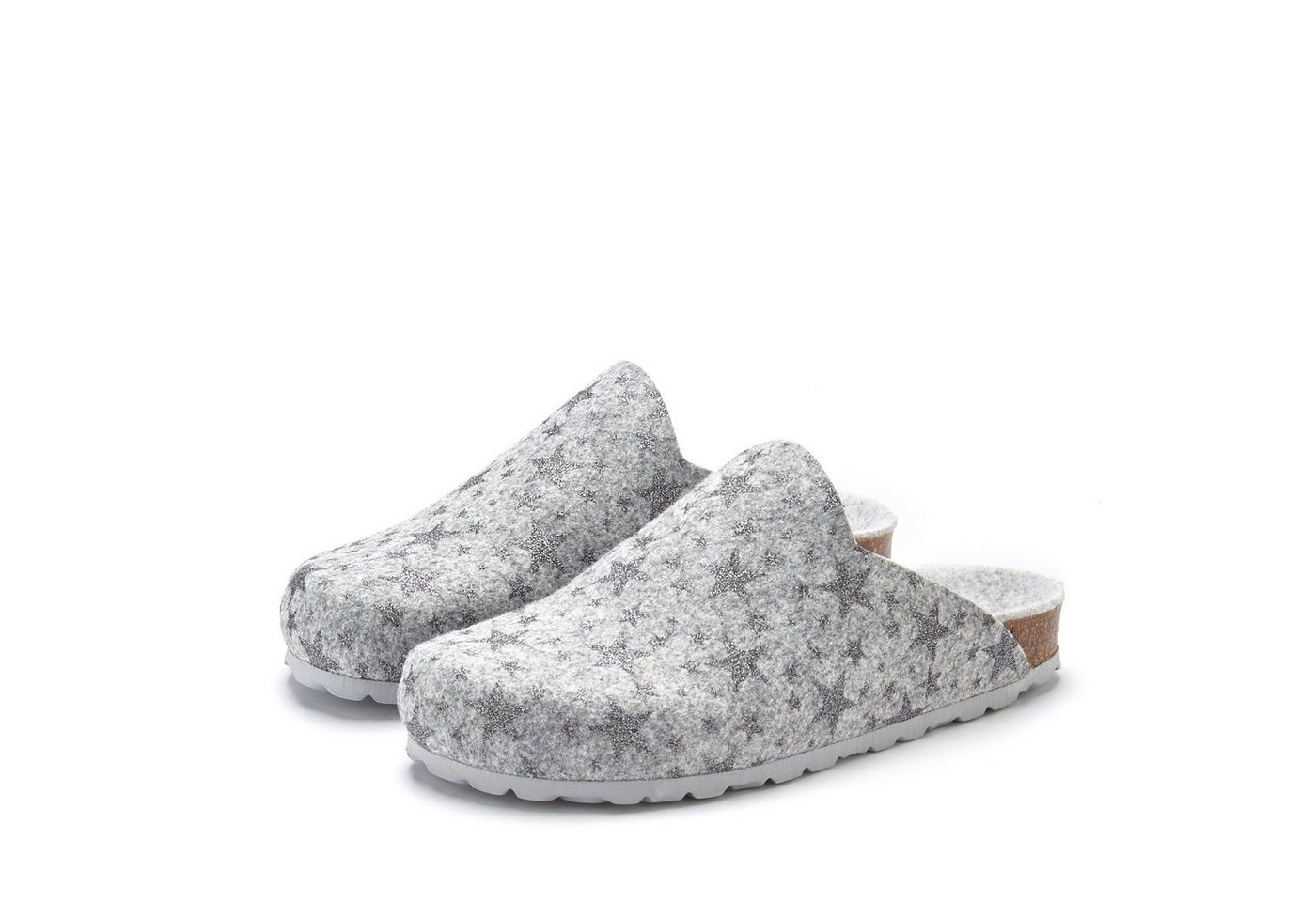 Vivance Pantolette, Clog, Pantoffel, Hausschuh aus Filz mit wärmenden Korkfußbett & Sternenprint (grau)