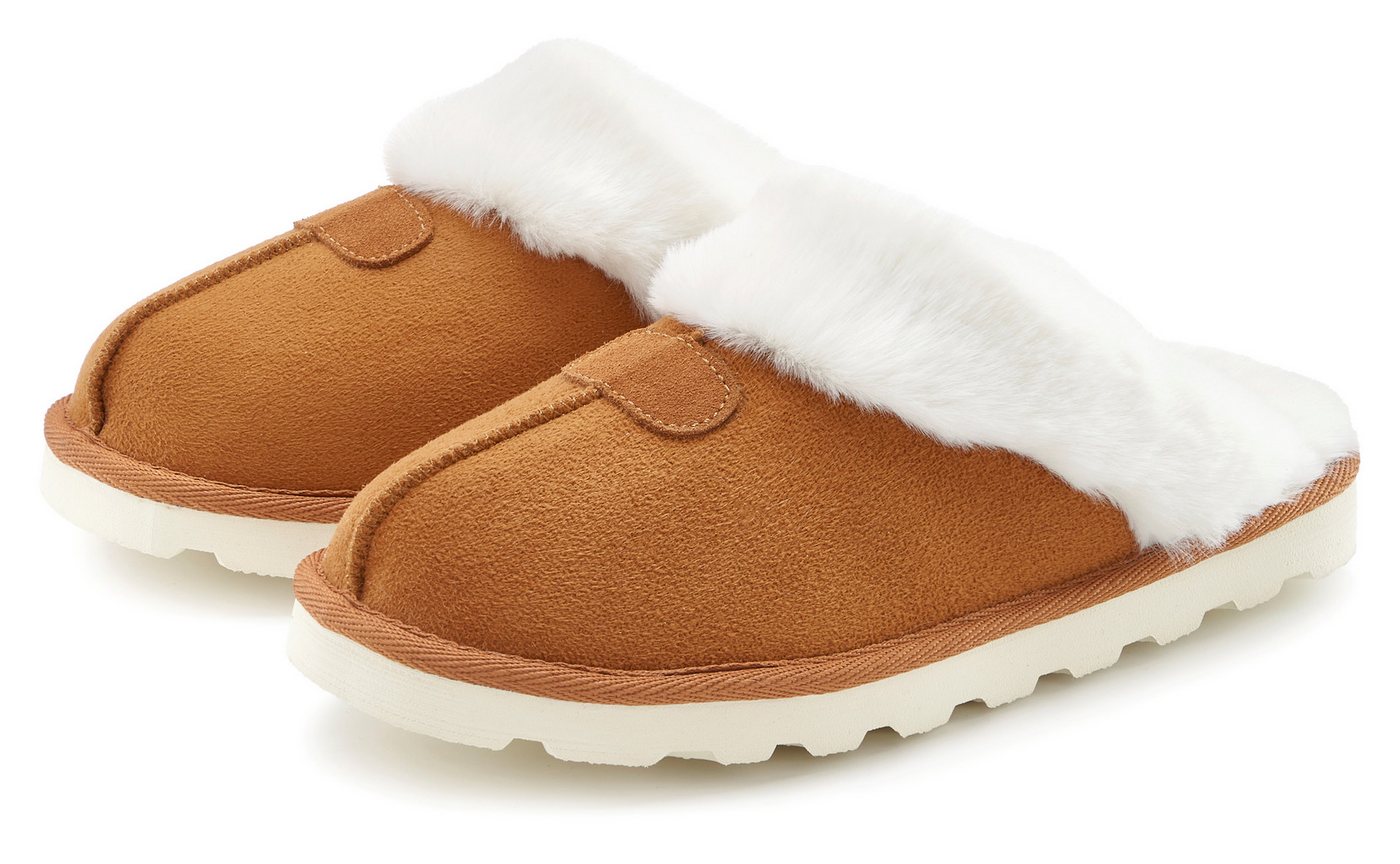Vivance Plüsch Hausschuhe, Pantolette, Pantoffeln, Clogs, Schlappen, Hausschuh mit Warmfutter VEGAN (braun)