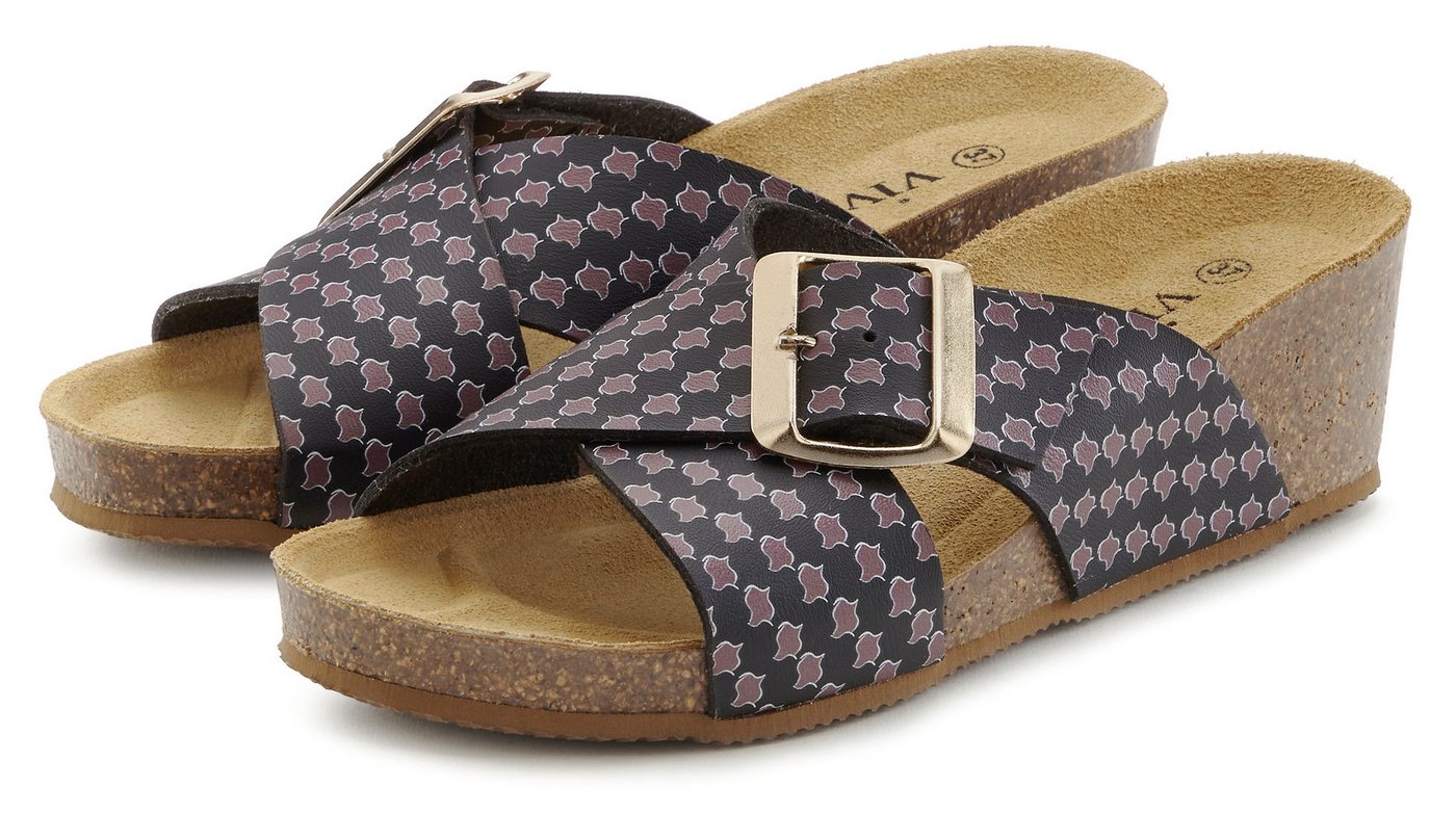 Vivance by Lascana Sandale, Mule, offener Schuh, Sommerschuh, Pantolette mit Komfortkorkfußbett aus Leder, Keilabsatz und Print