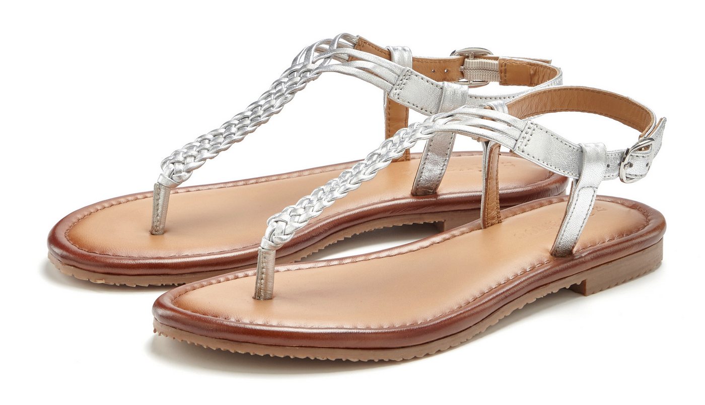 Vivance by Lascana Sandalette, Sommerschuh, Sandale, Ledersandale, Zehentrenner NEU aus Leder mit Flecht-Optik (silber)