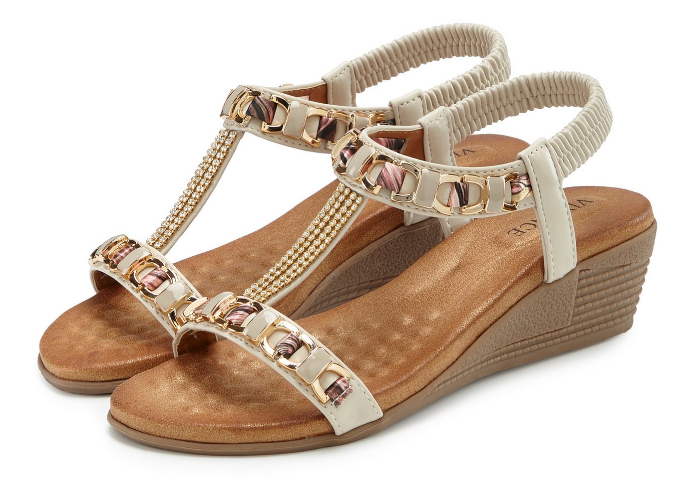 Vivance Sommerschuh, offener Schuh, Sandale, Keilsandalette, Sandalette mit elastischen Riemchen und Keilabsatz (beige)