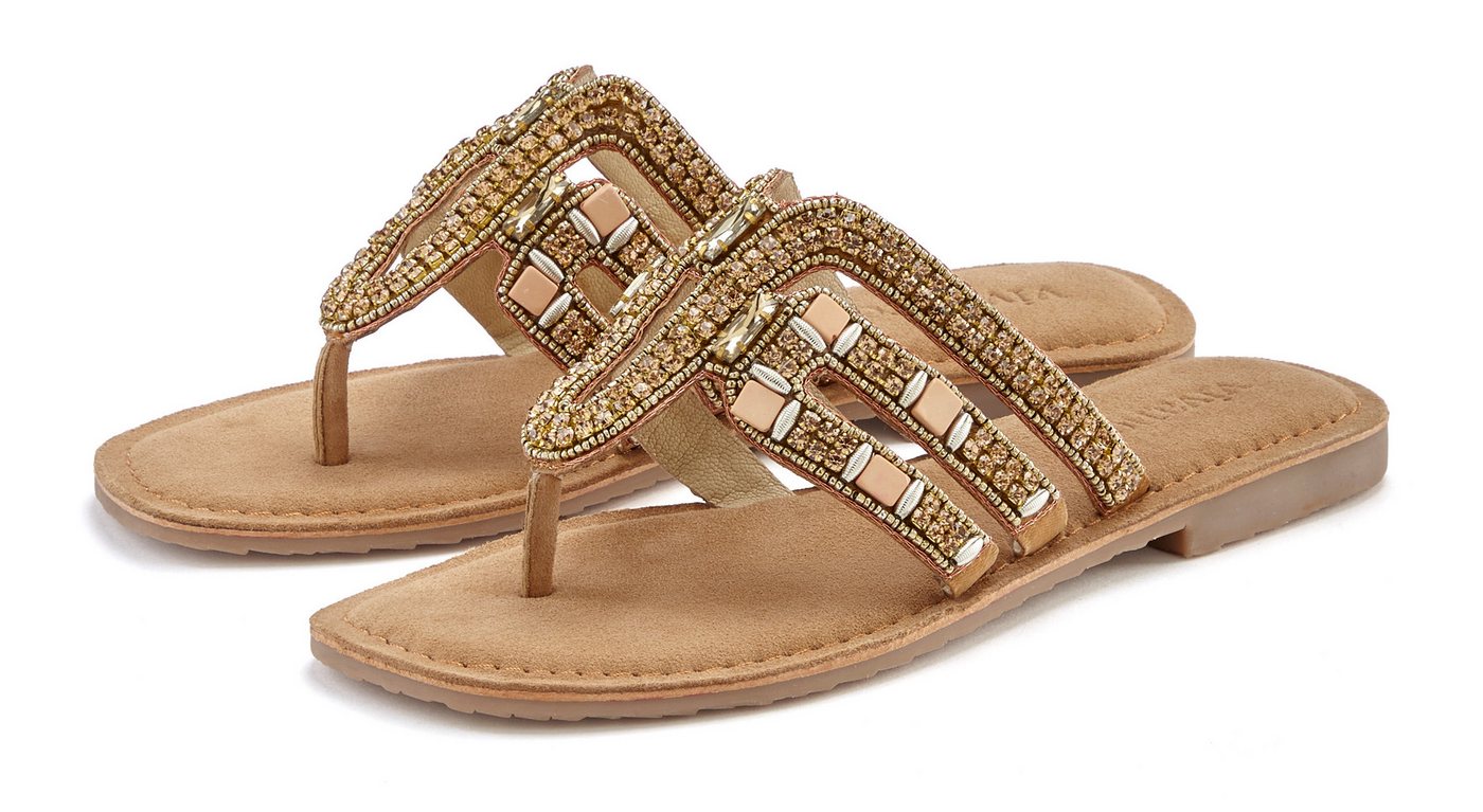 Vivance Zehentrenner Sandale, Pantolette aus Leder mit Schmucksteinchen (braun)