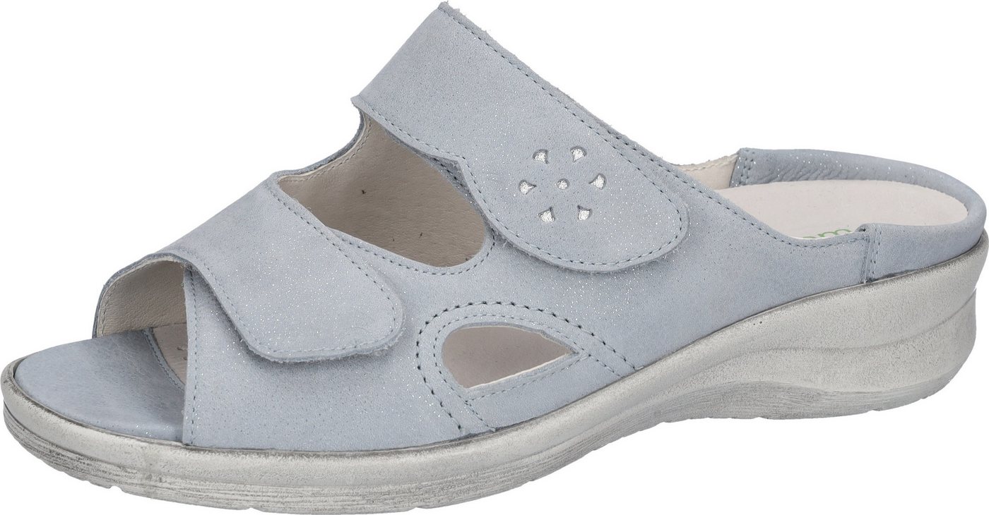 Waldläufer Merle Pantolette Hausschuh, Bequemschuh, Keilpantolette mit Klettverschlüssen, M-Weite (blau/silber)