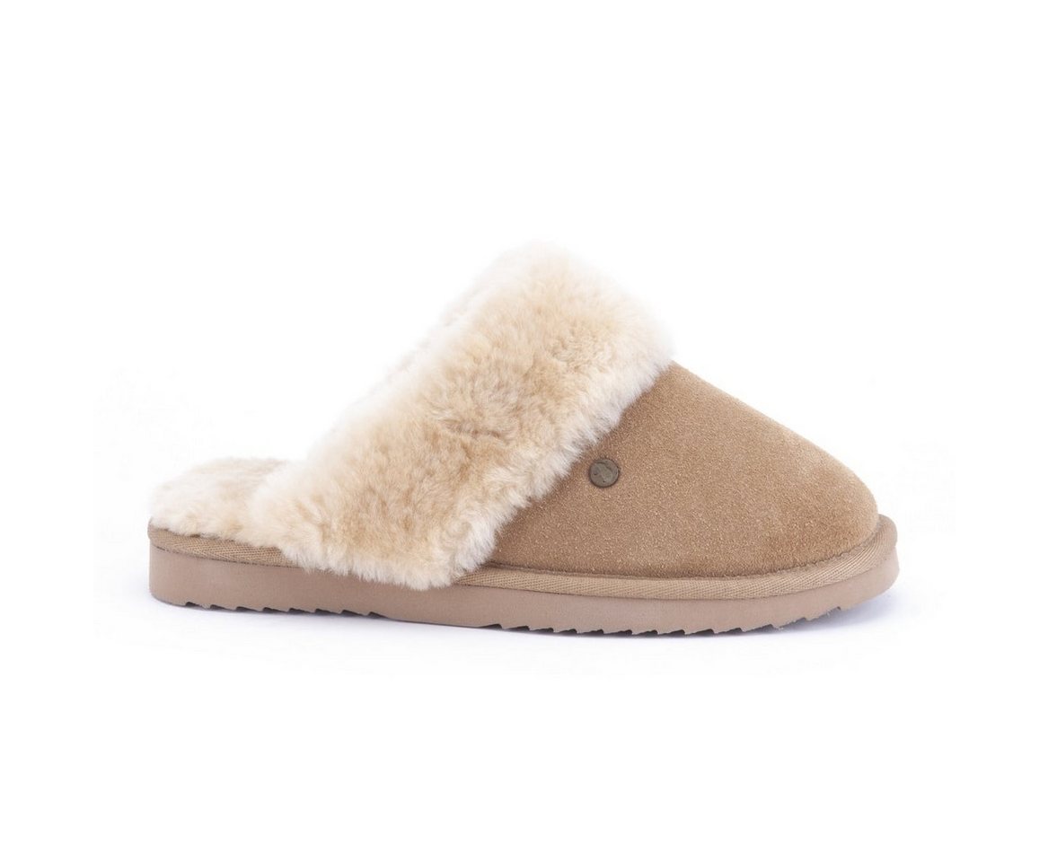 Warmbat Pantoffel Flurry Suede mit Merino Schaffell camelbraun Damen Hausschuh