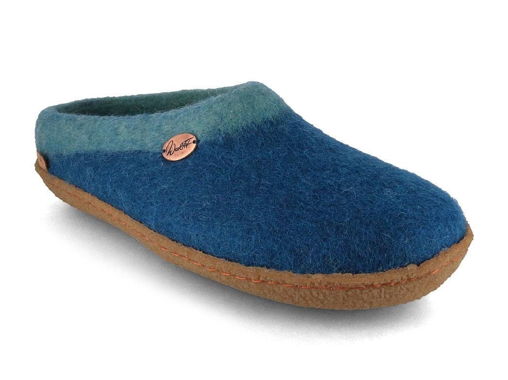 WoolFit Sherpa unisex Filzpantoffeln mit Gummisohle und Fußbett Hausschuh zweifarbig handgefilzt aus 100% Wolle