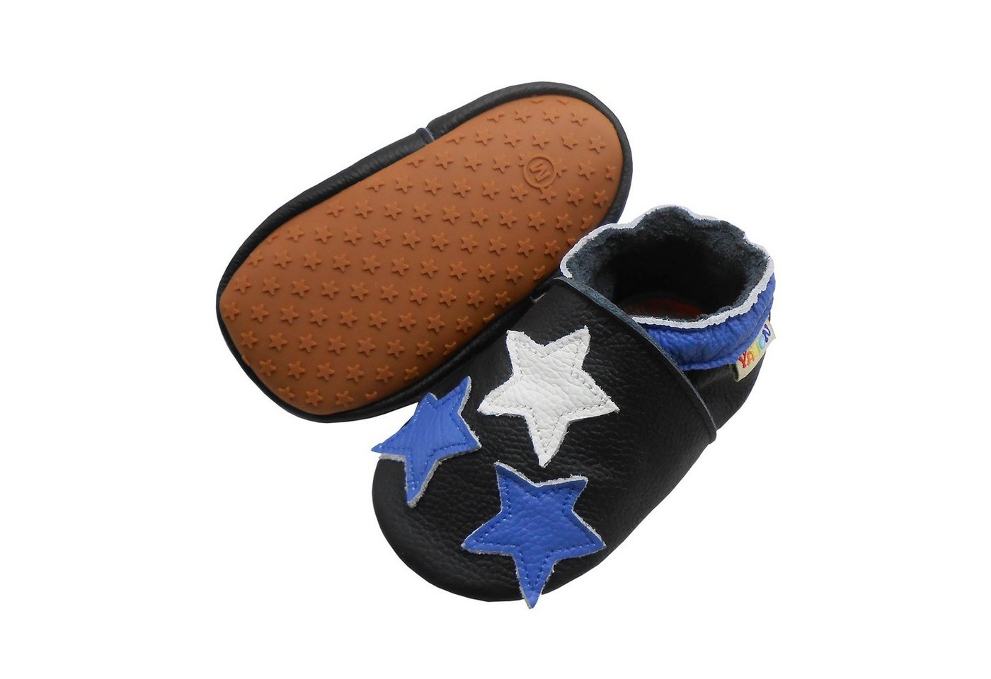 Yalion Outdoor Leder Babyschuhe Lauflernschuhe Gummisohle Sterne Dunkelblau Krabbelschuh