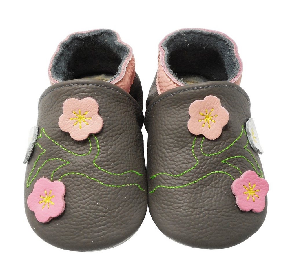 Yalion Weiche Leder Lauflernschuhe Hausschuhe Lederpuschen 3-Blumen Grau Krabbelschuh