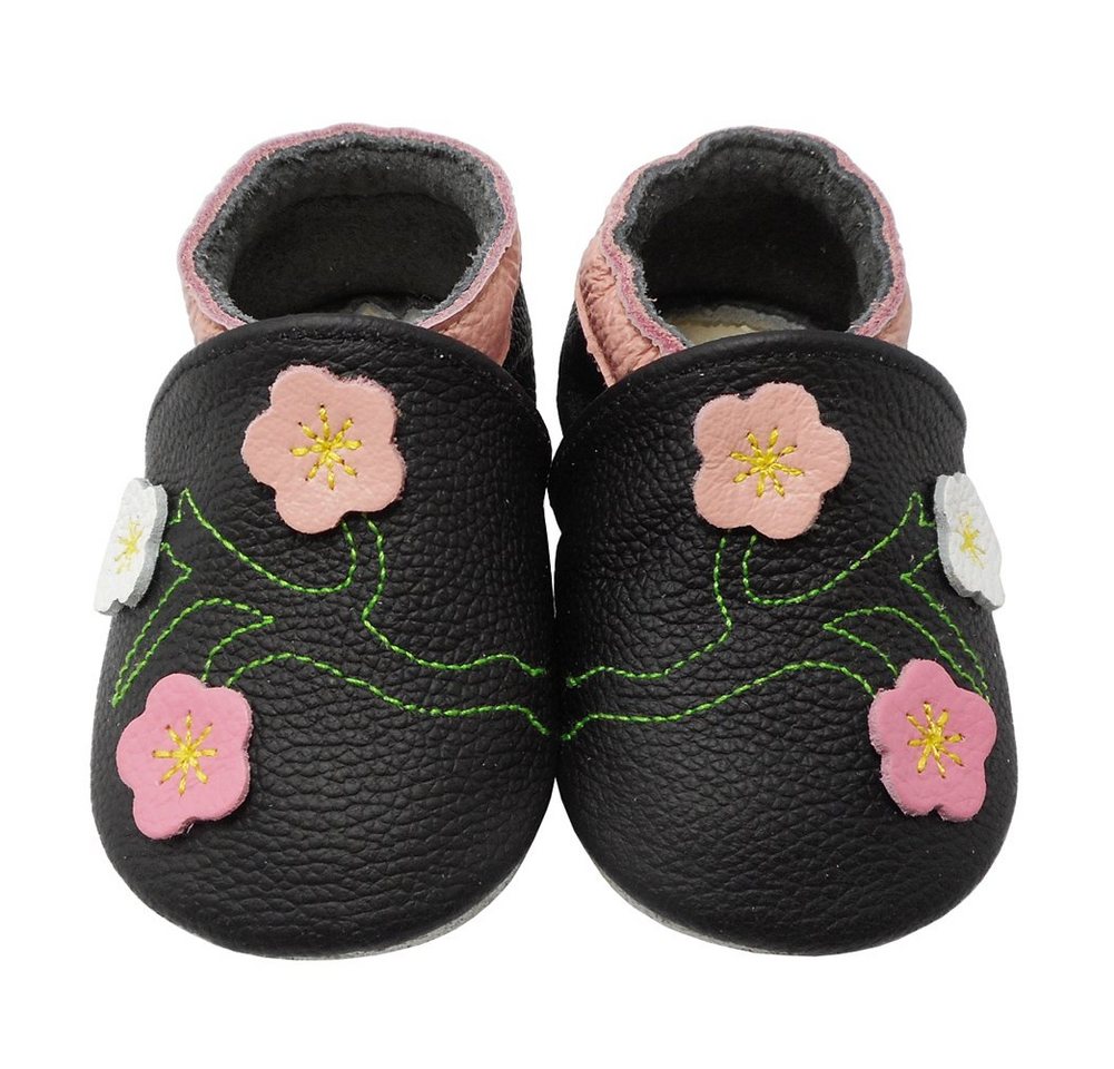 Yalion Weiche Leder Lauflernschuhe Hausschuhe Lederpuschen 3-Blumen Schwarz Krabbelschuh