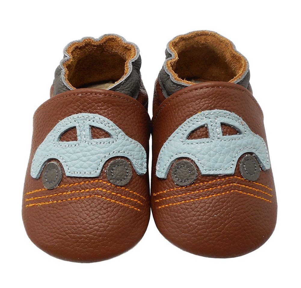 Yalion Weiche Leder Lauflernschuhe Hausschuhe Lederpuschen Auto Braun Hausschuh