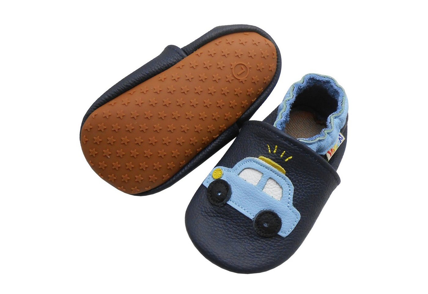 Yalion Weiche Leder Lauflernschuhe Hausschuhe Lederpuschen Auto Dunkelblau Krabbelschuh elastisch