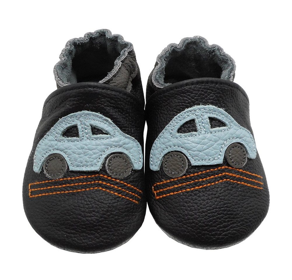 Yalion Weiche Leder Lauflernschuhe Hausschuhe Lederpuschen Auto Schwarz Lauflernschuh