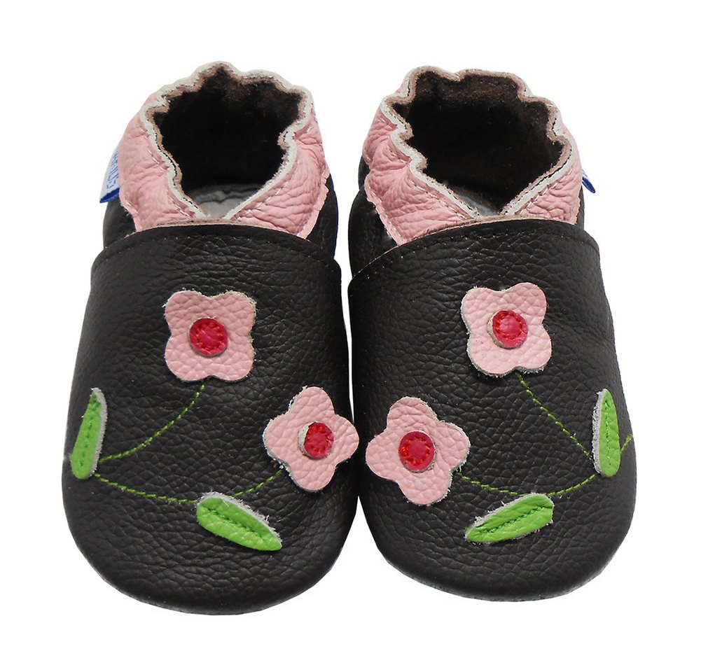 Yalion Weiche Leder Lauflernschuhe Hausschuhe Lederpuschen Blumen Dunkelgrau Krabbelschuh