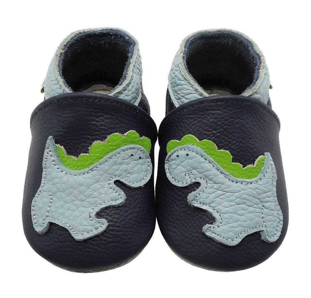 Yalion Weiche Leder Lauflernschuhe Hausschuhe Lederpuschen Dunkelblau Dino Krabbelschuh